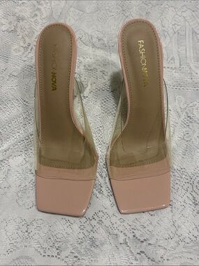 Fashion Nova Clear Nude Square Toe Slide Heels size 9
